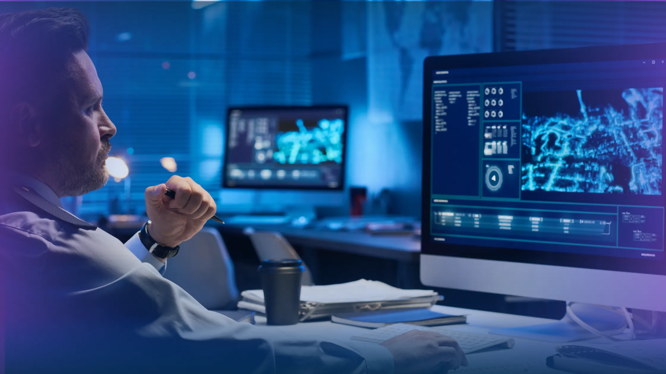 A modern South African MSP operations center with tech professionals collaborating at workstations, highlighting the infrastructure behind embedded offshore teams.