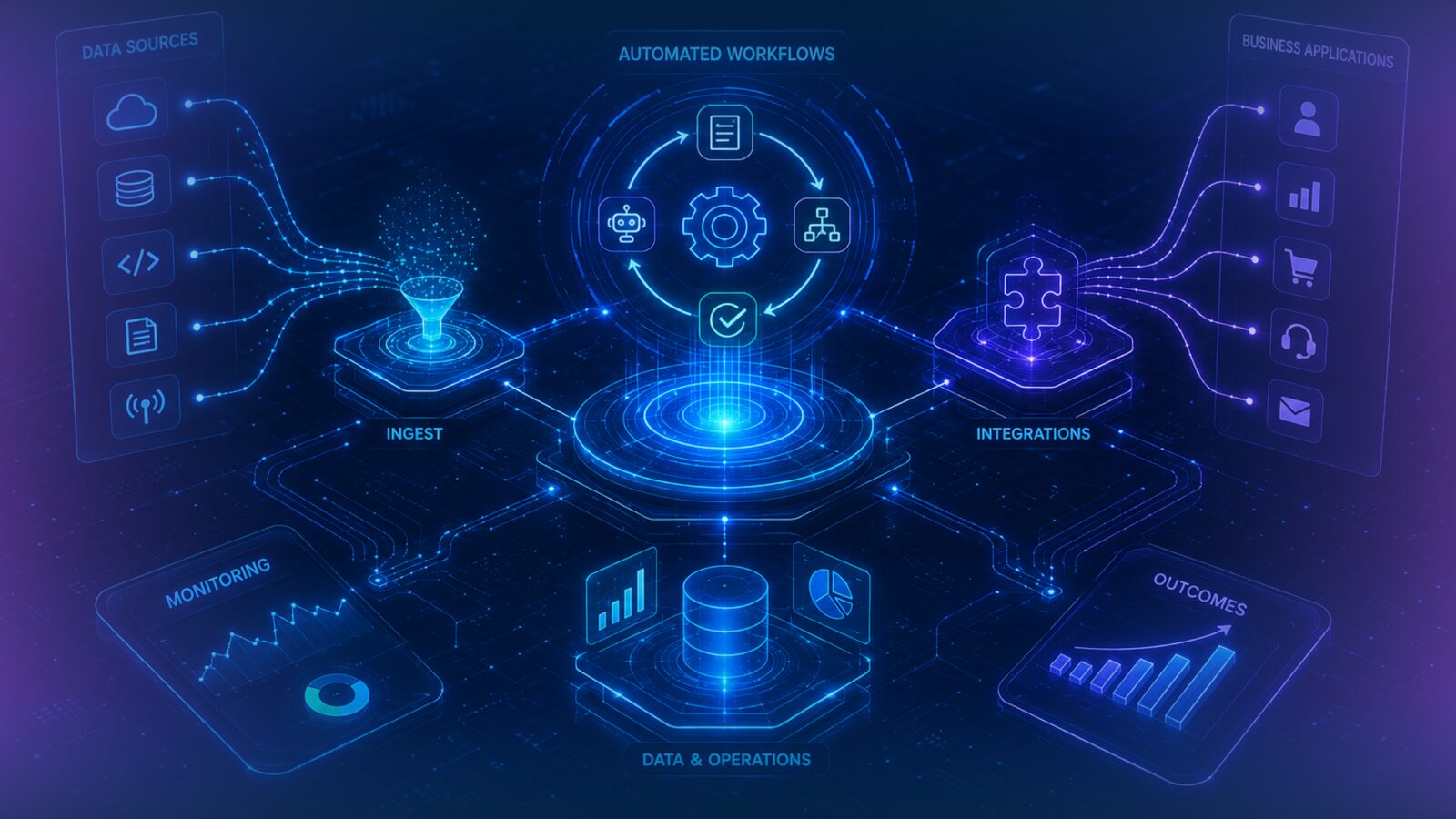 Automated digital workflows connecting business applications, data sources, and operational processes.