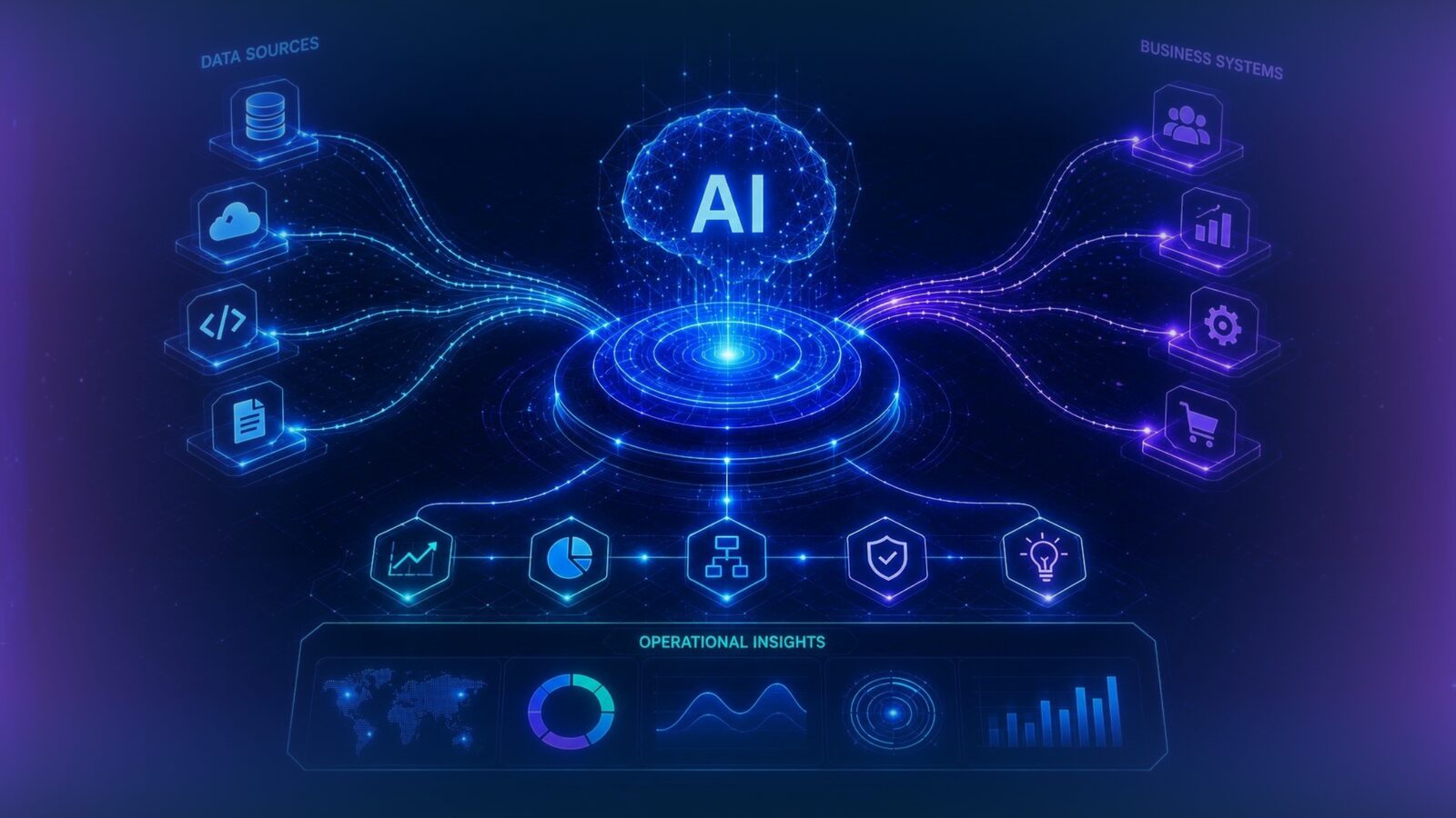 Artificial intelligence platform integrating business systems, data sources, and operational insights.