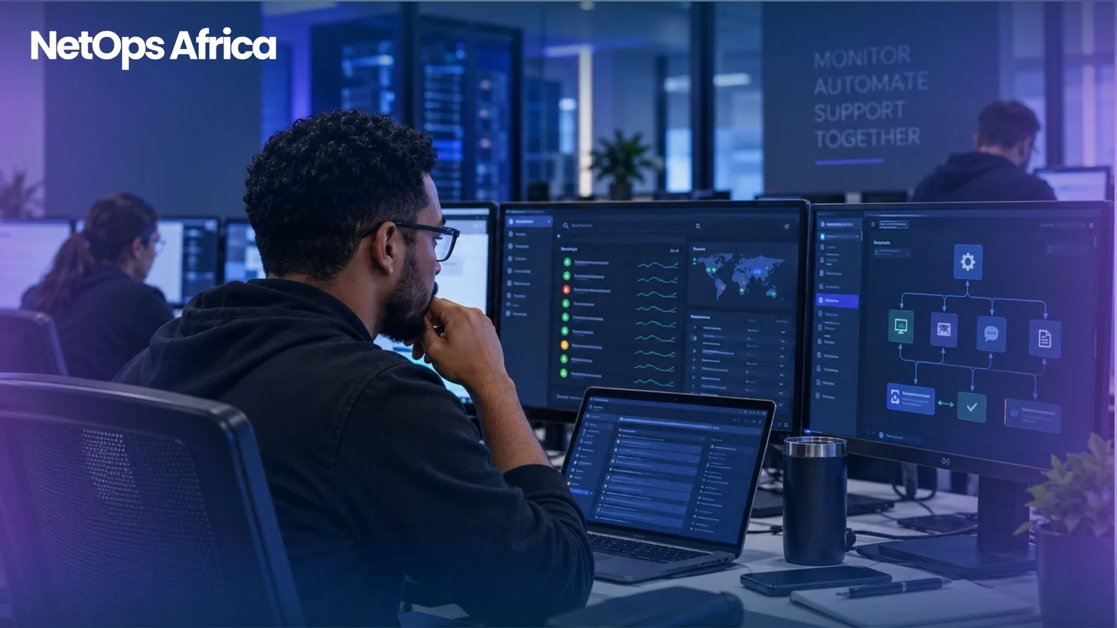 IT professional using monitoring and automation tools to manage technology operations