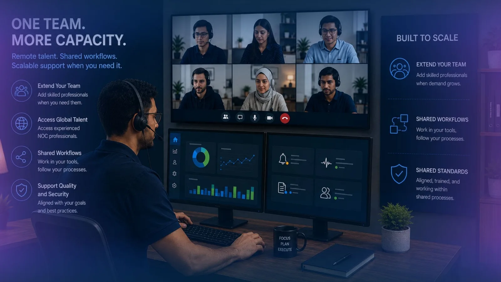 Embedded offshore IT team working with an MSP through shared workflows, remote collaboration, and integrated technical support.