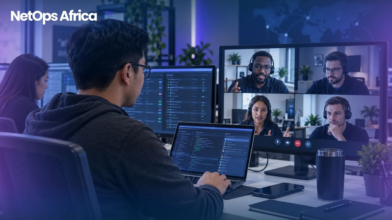 Remote IT professionals collaborating as part of a distributed technical team