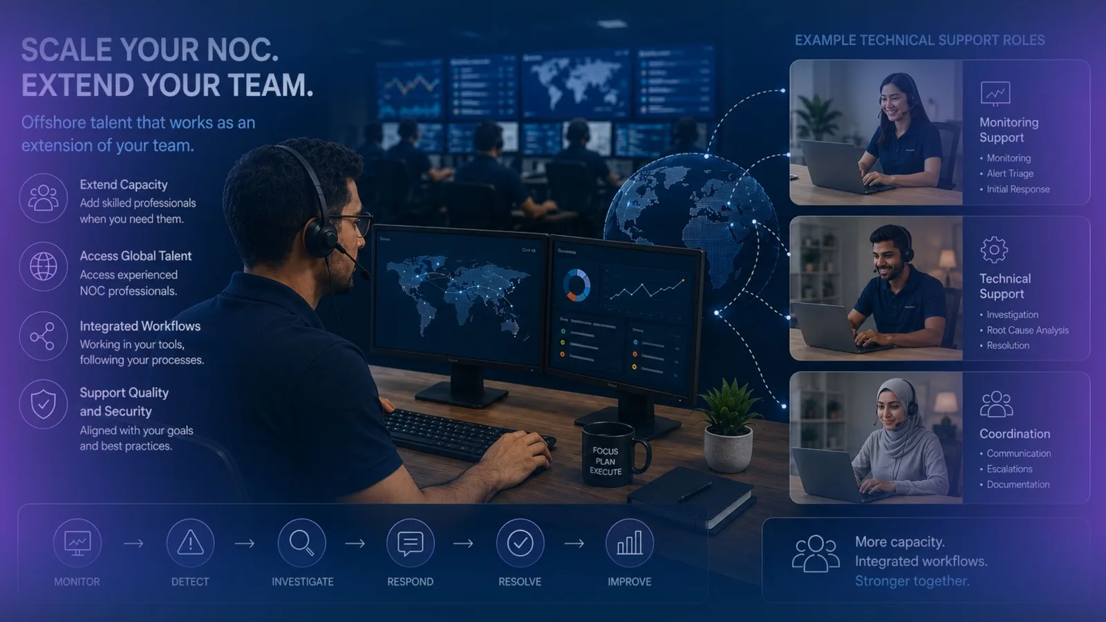 Managed NOC team using offshore IT professionals for monitoring, technical support, incident response, and coordinated network operations.